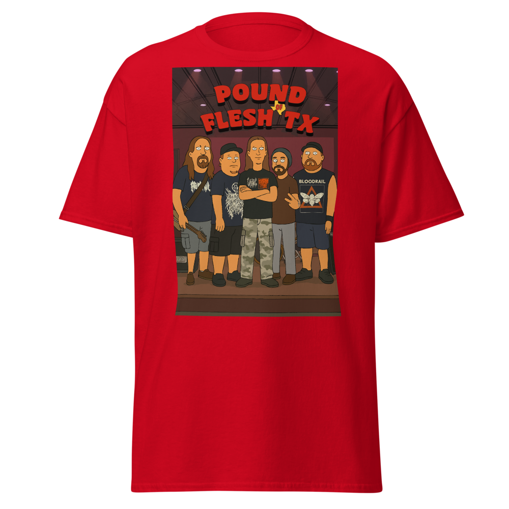 Red Shirt with King of the Hill style cartoon of the band